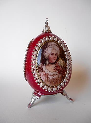 Red Decorative Ceramic Easter egg "Three Ladies", Faberge style Easter decorations, collectable, Egg with pedestal