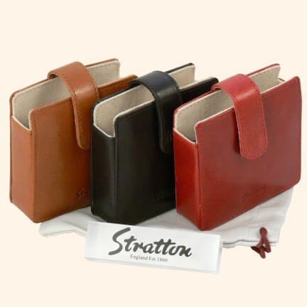 Stratton large square leather pouch for compact - Black/Red/Tan