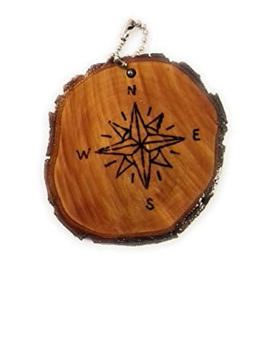 Compass Luggage Tag Wood Burned Keychain