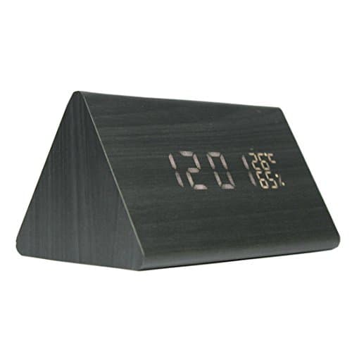 Digital Wood Clock Sound Activated LED Alarm Clock Multi-function Display with Temperature and Humidity (Black-white)