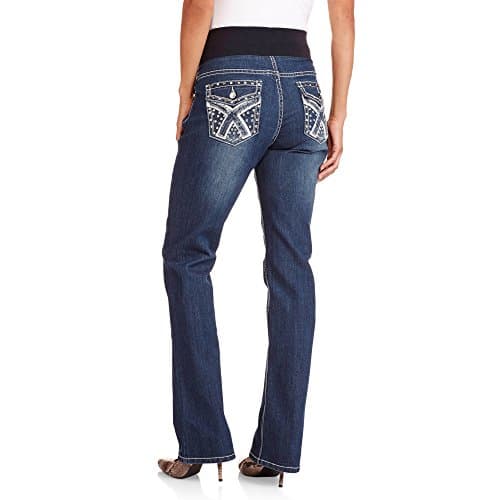 Denim Diva Maternity Full-Panel Cross Stitch X Embellished Bootcut Jeans Flap Back Pocket (Large, Denim)