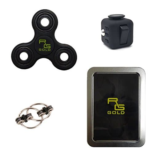 Fidget Bundle: Fidget Spinner, Cube, And Flippy Chain Toy In Metal Tin Carry Case- Perfect For ADD, ADHD, Anxiety, Stress, Autism, Etc. –For Kids &amp; Adults– Sleek Black Design Both Stylish &amp; Discrete