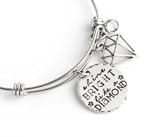 Shine Bright Like a Diamond Adjustable Bangle Charm Bracelet, Silver Hand Stamped Bangle Bracelet