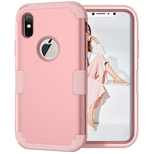 iPhone X Case, Mupoo Three Layer Heavy Duty Shockproof Drop Protection Hybrid Hard PC Case Soft Silicone Impact Defender Full-Body Protective Cover for Apple iPhone X 5.8 inch Rose Gold