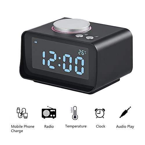 Abedoe Smart Digital Clock Alarm with Multi-function FM Radio Dual Port USB Charger, Support Snooze Indoor Thermometer Brightness Dimmer AUX Function Connect to MP3 MP4 PDA Computer Phone (Black)