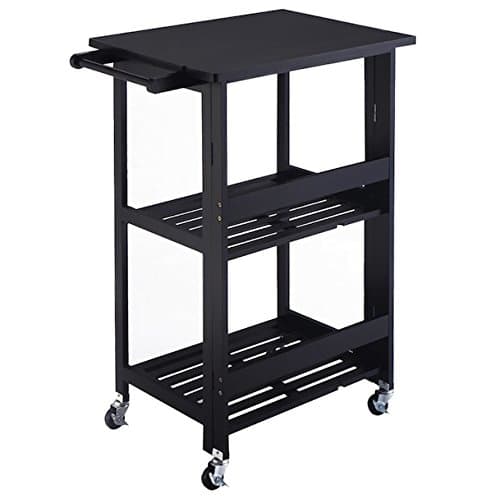 Black Foldable Rolling Kitchen Cart With Casters Kitchen Island Utility Serving Dining Portable Trolley 3 Storage Shelves Brakes Guarantee Cart Durable Wooden Construction