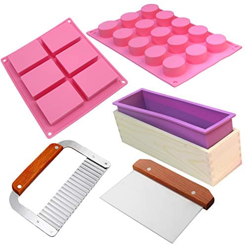 Silicone soap molds kit - Rectangular Biscuit Holes Cylinder Soap Loaf Mold kit,Comes with Wood Box Stainless Steel Wavy & Straight Scraper
