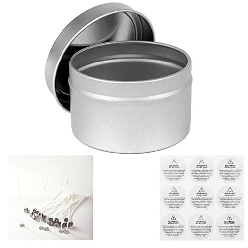 Candle Making Bundle includes (12) Candle Tins 6oz, (12) Natural 100% Cotton Core Low Smoke 6" Candle Wicks and 12 Warning Label Stickers
