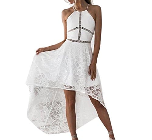 QueenHands Women's Lace Hem Line Pleated Splicing Sling Backless Basic Rockabilly Swing Dress White M