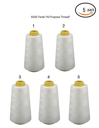5-PACK of 6000 yards(EACH) quality sewing thread Cone Thread Polyester Spools Overlock (Serger,Over lock, Canvas , Drapery, Beading,) (30000 yards, white)