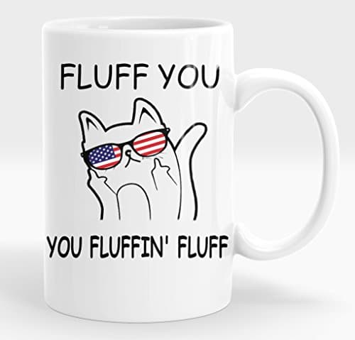 The Upbeat Life Fluff You U.S. Flag Version of the Grumpy Cat White 15 Ounce Ceramic Mug Cup