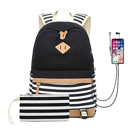 School Backpack, Laptop Backpack 15.6 Inch, Canvas Backpack School Bags Set for Teens Girls School Backpack with USB Port and Earphone Port, Water Resistant College School Bag (black-1)