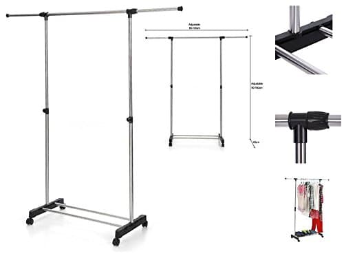 JTW-Heavy Duty Hanger Single Adjustable Rolling Clothes Rack Hanging Portable Space saving &amp; conveniently &amp; Heavy Hanger stainless steel and PP plastic Max.10kg Silver Black color