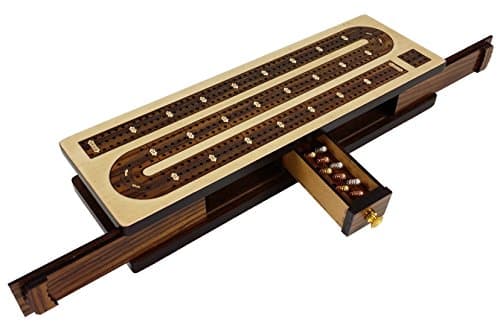 12 1/2" 3 Track Continuous Cribbage Board W/ Sliding Card Storage Doors and Drawer Rosewood Tracks on White Maple
