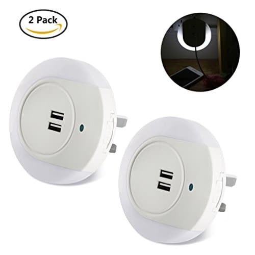 2 Pack LED Sensor Night Light, Plug In Nursery Night Light with Dusk till Dawn Daylight Sensor, with USB Quick Charger [Energy Class A+]