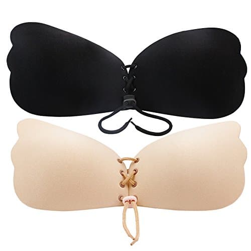 Adhesive Bra, Push-up Silicone Bras with Drawstring, Strapless Reusable Invisible Bra (C, Beige+Black)