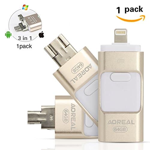AOREAL 3 in Multi Functions Mobile USB iPhone Flash Drive External Storage Memory Stick with Lightning Connector, Compatible weth PC IOS Android system (Gold 64GB)
