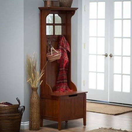 By Home Design Entryway Hall Tree,Coat Rack Storage, Paneled Mirror,Cherry Finish