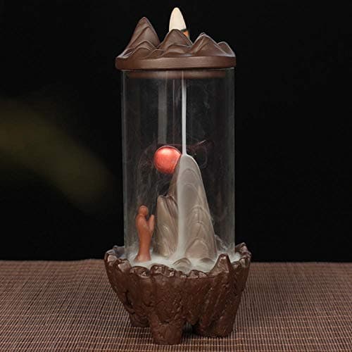 Backflow Incense Burner, Incense Cone Burner Ceramic Backflow Incense Holder Incense Stick Holder Office Home Decoration Handicraft Gift with 10 Free Cones Mountain and Setting Sun