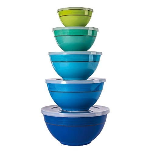 Melamine Bowls with Lids, 10-Piece Set Solid Colors (Blue/Green Solid)
