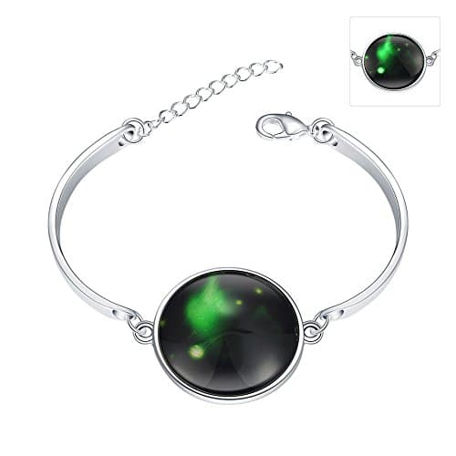 iCAREu Silver Plated Adjustable Bangle Bracelet with a Fluorescent Signs of The Zodiac Pendant, 8" (Aries)