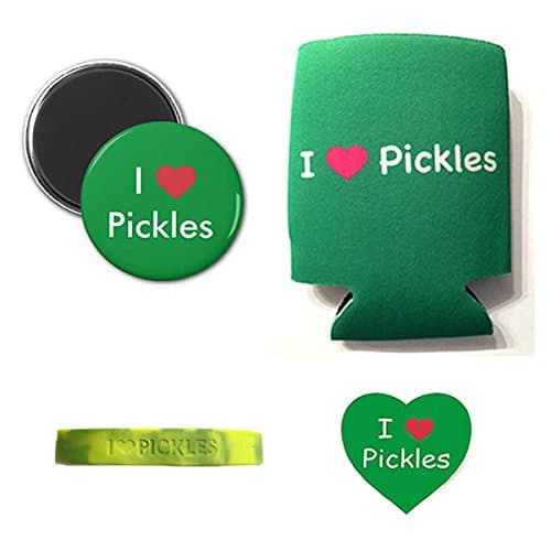 I Love Pickles Sampler Gift Pack (4pc Set) - I Heart Pickle Drink Cooler, Silicone Wristband, Magnet & I Love Pickles Sticker