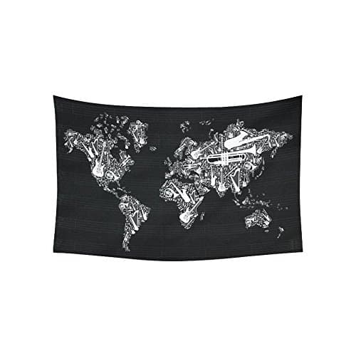 Globe Decor, World Map Silhouette Made with Musical Instruments Black and White Tapestry Wall Hanging 40 X 60 Inches
