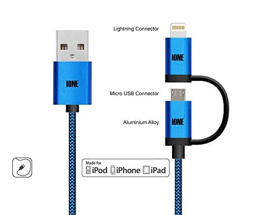 IONE 2 In 1 Android Micro USB / Apple IOS Lightning 8pin with USB / Micro USB OTG Braided Charging Data Cable. Turn Your Phone Into A Power Bank. For Apple ios &amp; Android Device BLUEBLACK
