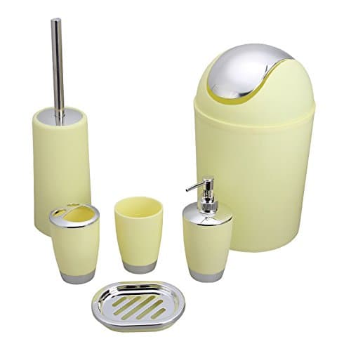 Bluelasers 6 Piece Plastic Bathroom Accessory Set Luxury Bath Accessories Bath Set,Lotion Dispenser Toothbrush Holder Tumbler Cup Soap Dish Trash Can Toilet Brush Set(Yellow)