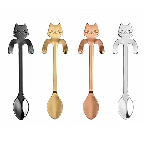 CALISTOUK 4Pcs Coffee Spoon Stainless Steel Cat Shape Tableware Kitchen Drink Hanging Cups -4 colors