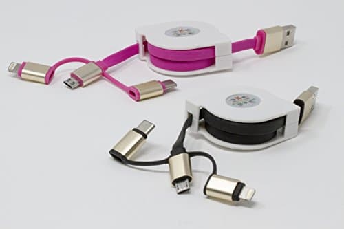 Juoos Retractable USB Cable 3in1 Lightning+MicroUSB+USB-C Sync &amp; Charge Cord Pack of 2 (Pink+Black)