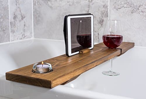 Solid Wood Bath Caddy Tray Bathtub Board Bath Shelf with Wine Glass and Tablet Holder, Handmade In The Uk, Rustic Country Chic Design