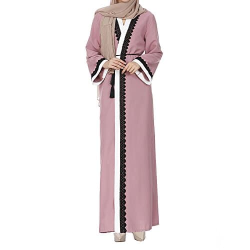 VECDUO Women Classic Kimono Front Opening Lace Solid Long Sleeve Muslim Islamic Kaftan Maxi Loose Robe Coat