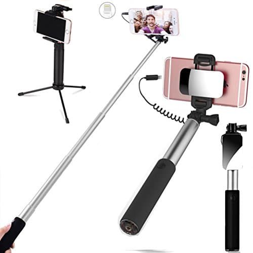Selfie Stick with iPhone Lightning Wire Control Extendable Compact Handheld Tripod with Mirror HD Rear Camera Shooting for iPhone X 8 8Plus 7 7Plus 6 6S Plus (iPhone Lightning Connector Silver)