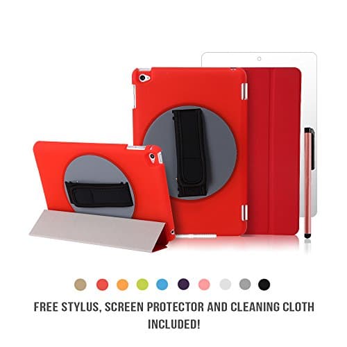 iPad Mini 4 Case 360 Degree Handheld Rotating Case Adjustable Strap by JACKIT Back Cover and Front Smart Wake/Sleep Magnetic Cover FREE Stylus Screen Protector Cloth for Apple iPad Mini 4 [Red]