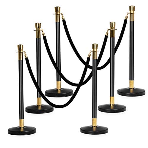 6Pcs Crowd Control Barrier Stanchion Posts Queue Pole w/Retractable 3 Velvet Ropes - Black Gold with Ebook