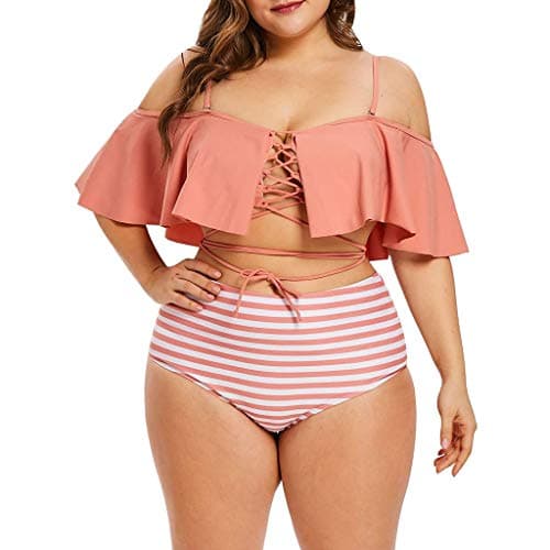 KIMODO® Women's Bikini Plus Size Ruffle Two Piece Bikini Set Strappy High Waisted Swimwear Off Shoulder Striped Swimsuit Set Bathing Suits