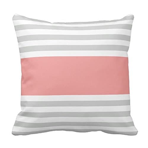 Grey and Coral Stripe Pattern Design Throw Pillow Cover Case Home Decorative Square 16X16 Inch Two Sides