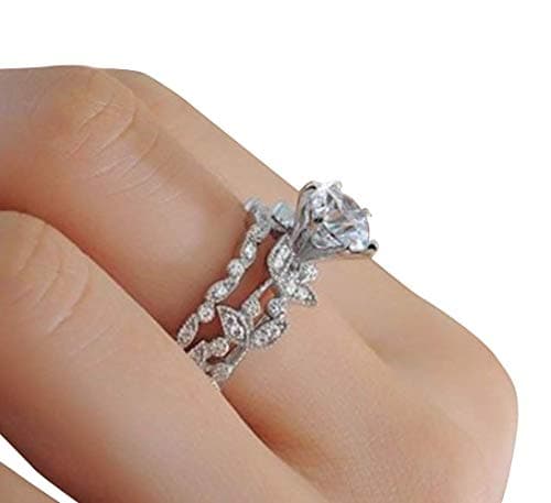 sandywident Unique Leaf Design 925 Plating Silver White Sapphire Diamond Wedding Engagement Ring Set