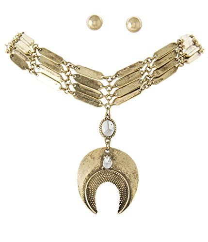 Boho Style Distressed Look Gold-Tone Statement Dangle Drop Choker Necklace 3/4" Wide 13" Long w/ Earrings