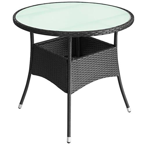 Outdoor Round Coffee Table Rattan, Side Table, Conversation Table Black with Frosted Glass Tabletop for Patio, Garden, Poolside, 31.5"x29"