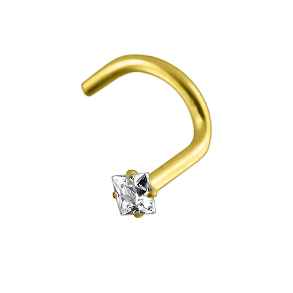 9K Solid Yellow Gold Claw Set Square CZ Stone Nose Stud Piercing Jewellery
