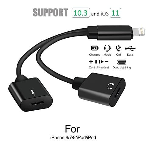 TESHIUCK Dual Adapter for iPhone 7/7 Plus/8/8 Plus/X 2 in 1 Double Lightning Adapter Headphones Audio Charger Converter Splitter for iphone (black)