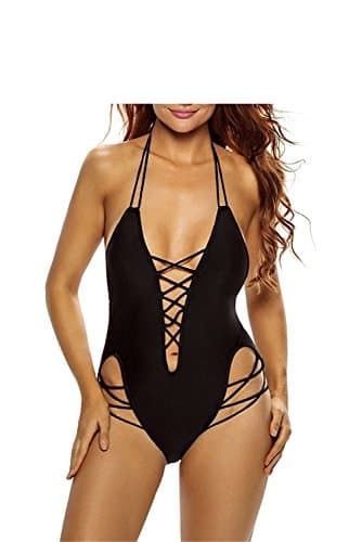 Also Easy Chic Women Black Bikini Thin Strap Halter Sexy Criss Cross V-Neck Hollow Swimsuit One Piece Swimwear New