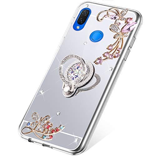 SainCat Case Compatible with Huawei Nova 3i/P Smart Plus case Mirror Glitter Bling Diamond Flowers and Butterfly With Sparkle Rhinestone Ring Stand Soft TPU Silicone Gel Bumper Case+Silver