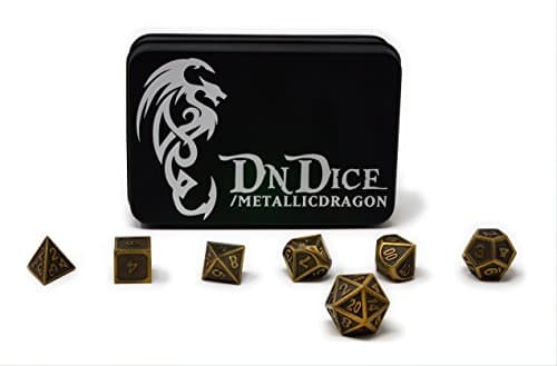DnDice Metal Dice Set Poly Dice Set for D&D in Metallic Dragon Insignia Tin (Bone Gold)