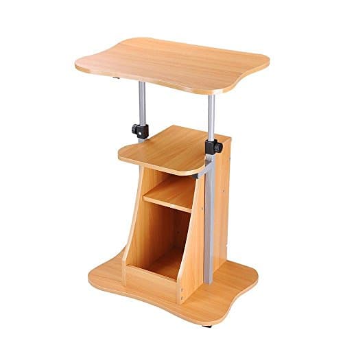 AMPERSAND SHOPS Multipurpose Height Adjustable Mobile Rolling Laptop Notebook Stand Lectern Standing Desk with Storage Shelf (Beech)