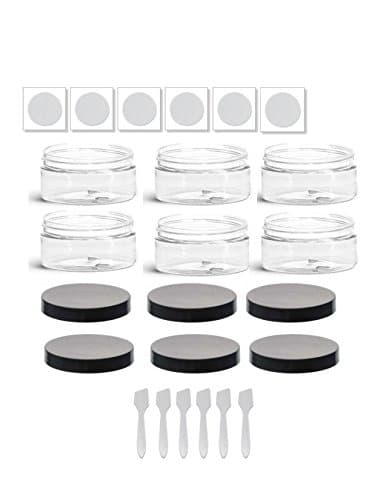 Clear Plastic Low Profile 2 oz Jars with Black Lids, Labels, and Spatulas (6, 2oz)