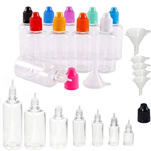 XIAONANPET Clear Dropper Bottles - 10 Pack x 15ml Empty Plastic Juice Eye Liquid Refillable Transparent Containers - Mixed Colour Childproof Caps - Long Thin Dropper Tips
