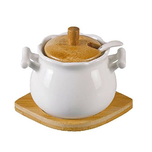 Multi Purpose Pot Is Great For Sugar, Salt or any Condiment. Made of Ceramic White 8 ounce Porcelain Bowl With Spoon. Base and Lid Made from Bamboo.